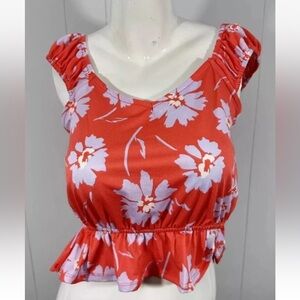 NWT ECLAIR Women’s Orange Floral Crop Top Blouse Off Shoulder Peplum Sz M